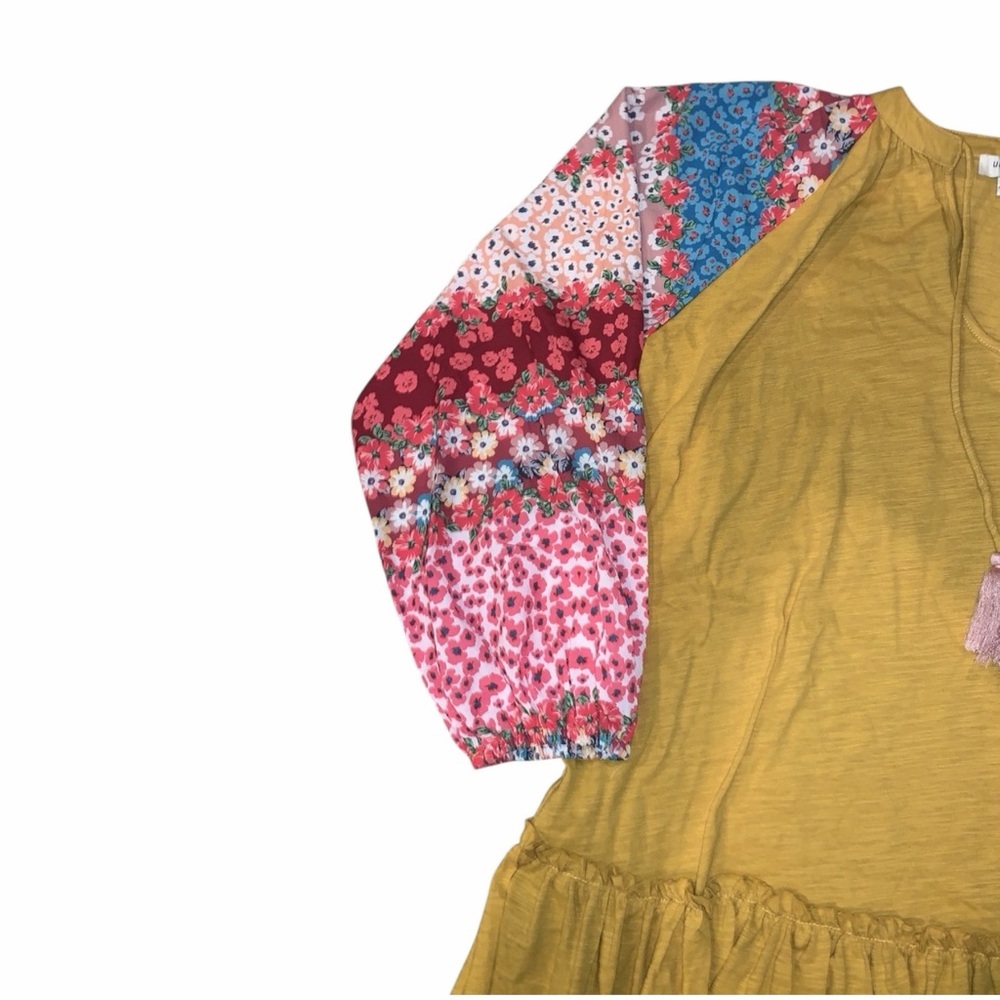 Umgee Boho Floral Babydoll Tunic Dress XL Mustard Yellow Bell Sleeve Peasant - Picture 7 of 11